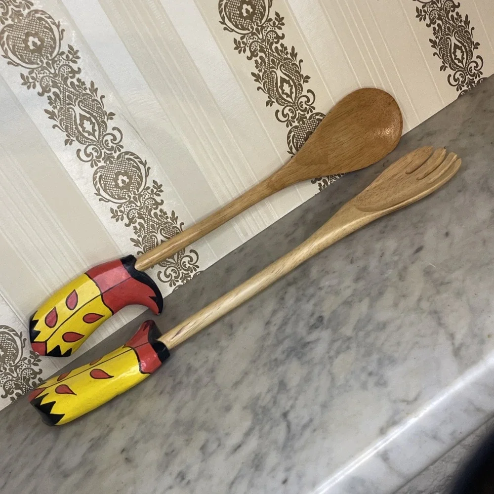 Southwest Themed Wooden Salad Spoons Solid Slotted Cowboy Boots Red Yellow Black